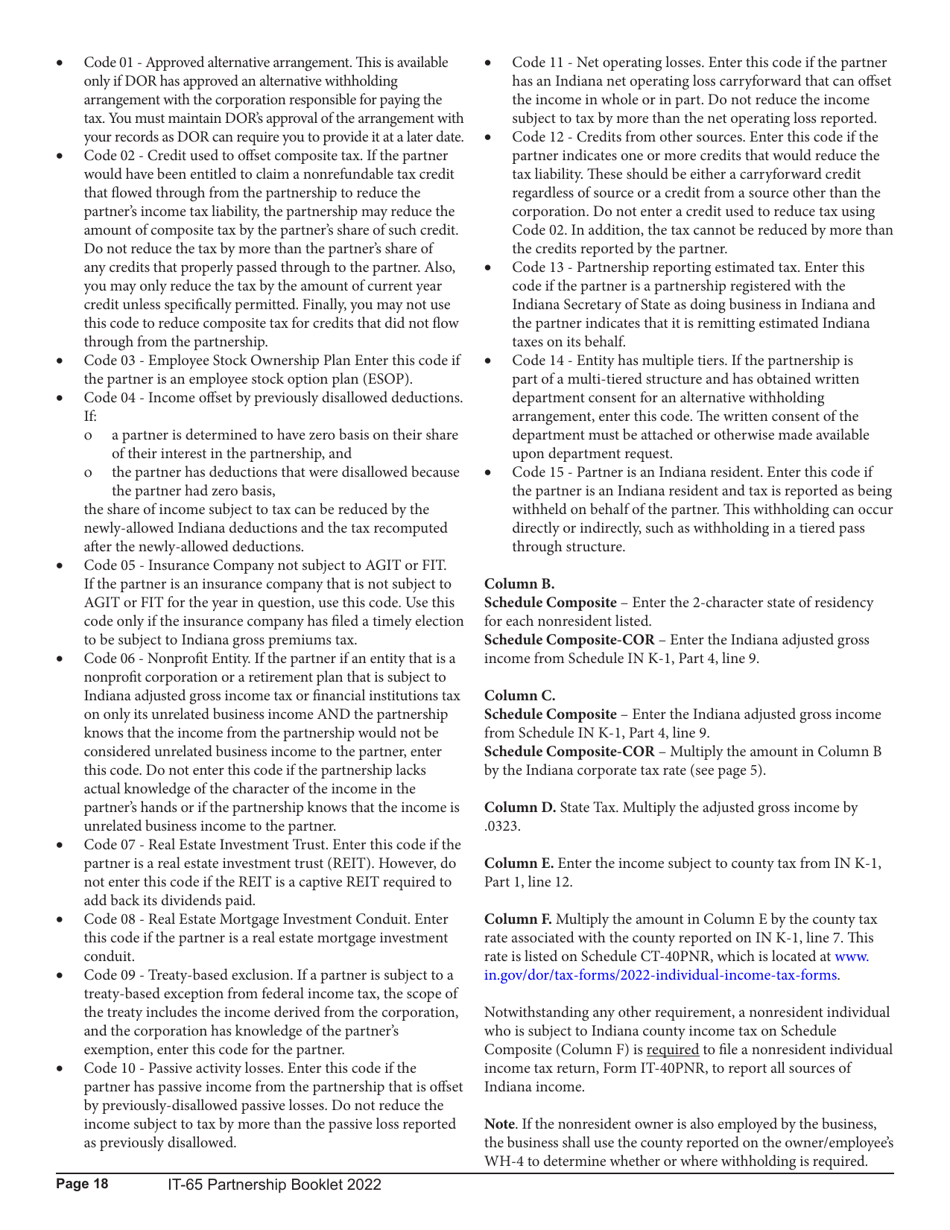 Instructions for Form IT-65, State Form 11800 Schedule COMPOSITE, COMPOSITE-COR, E, IN K-1 - Indiana, Page 18