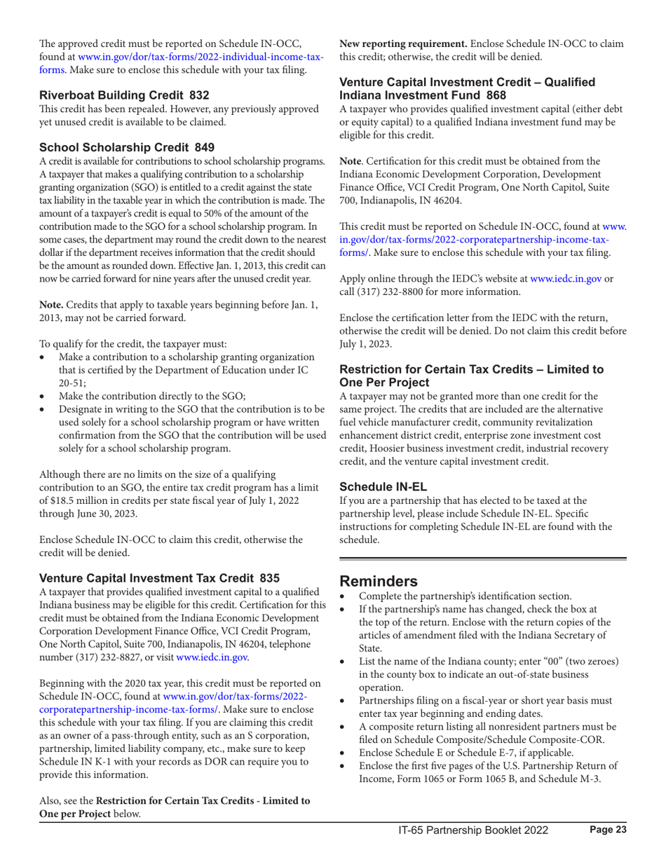Instructions for Form IT-65, State Form 11800 Schedule COMPOSITE, COMPOSITE-COR, E, IN K-1 - Indiana, Page 23