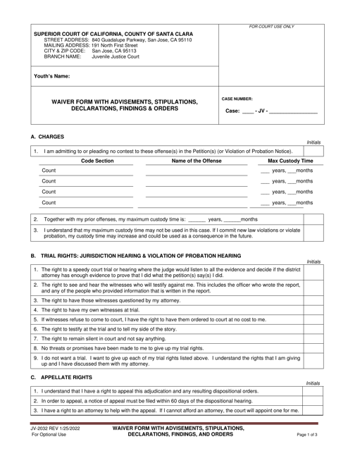 Form JV-2032 Waiver Form With Advisements, Stipulations, Declarations, Findings & Orders - Santa Clara County, California