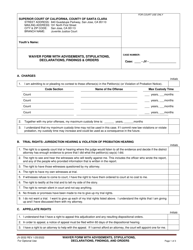 Form JV-2032 Waiver Form With Advisements, Stipulations, Declarations, Findings &amp; Orders - Santa Clara County, California