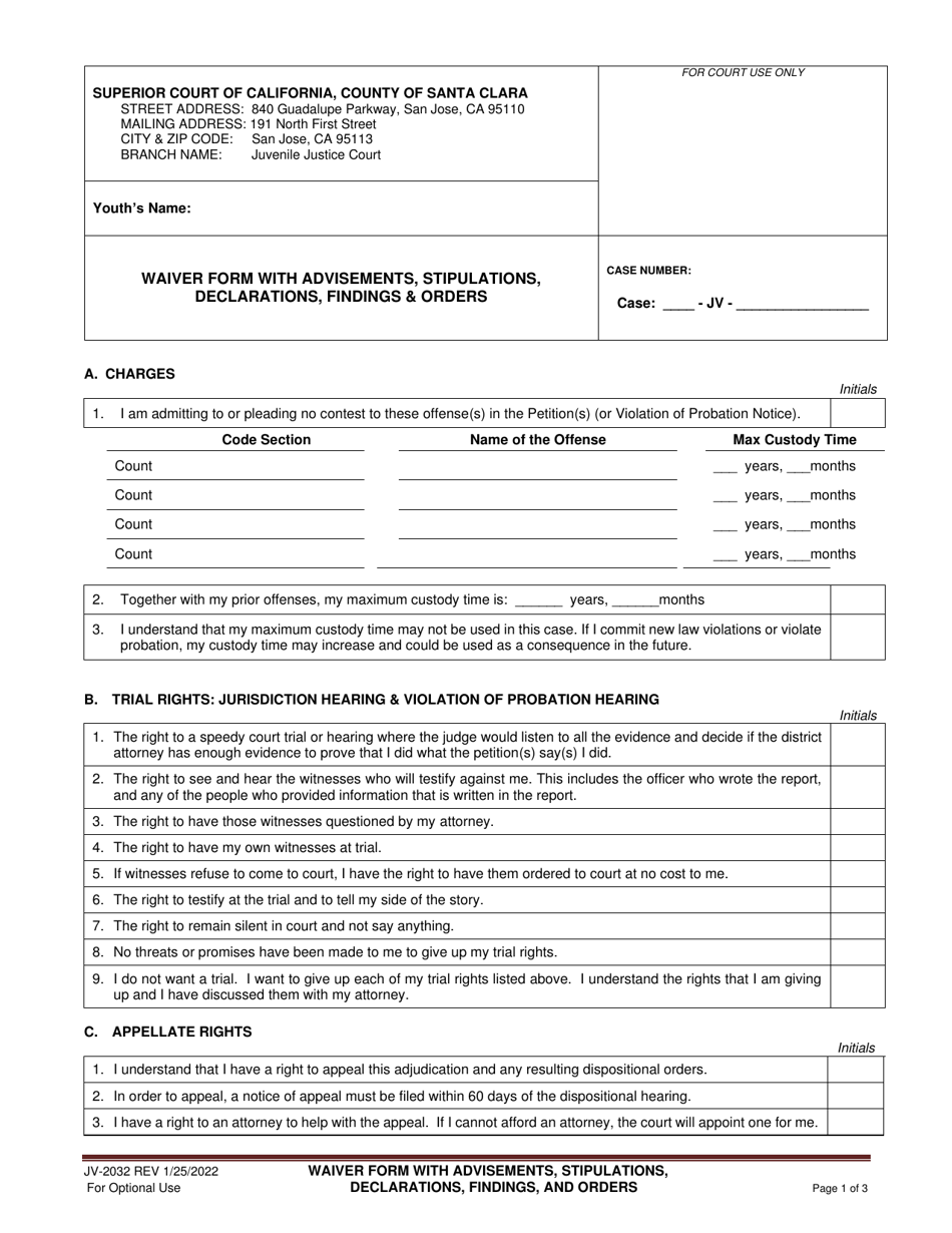 Form JV-2032 Waiver Form With Advisements, Stipulations, Declarations, Findings  Orders - Santa Clara County, California, Page 1