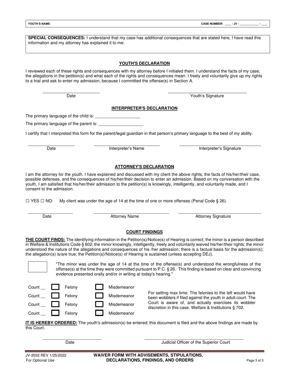 Form JV-2032 Waiver Form With Advisements, Stipulations, Declarations, Findings  Orders - Santa Clara County, California, Page 3