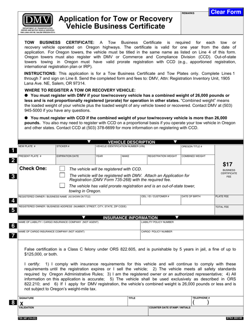 Form 735-387 Application for Tow or Recovery Vehicle Business Certificate - Oregon