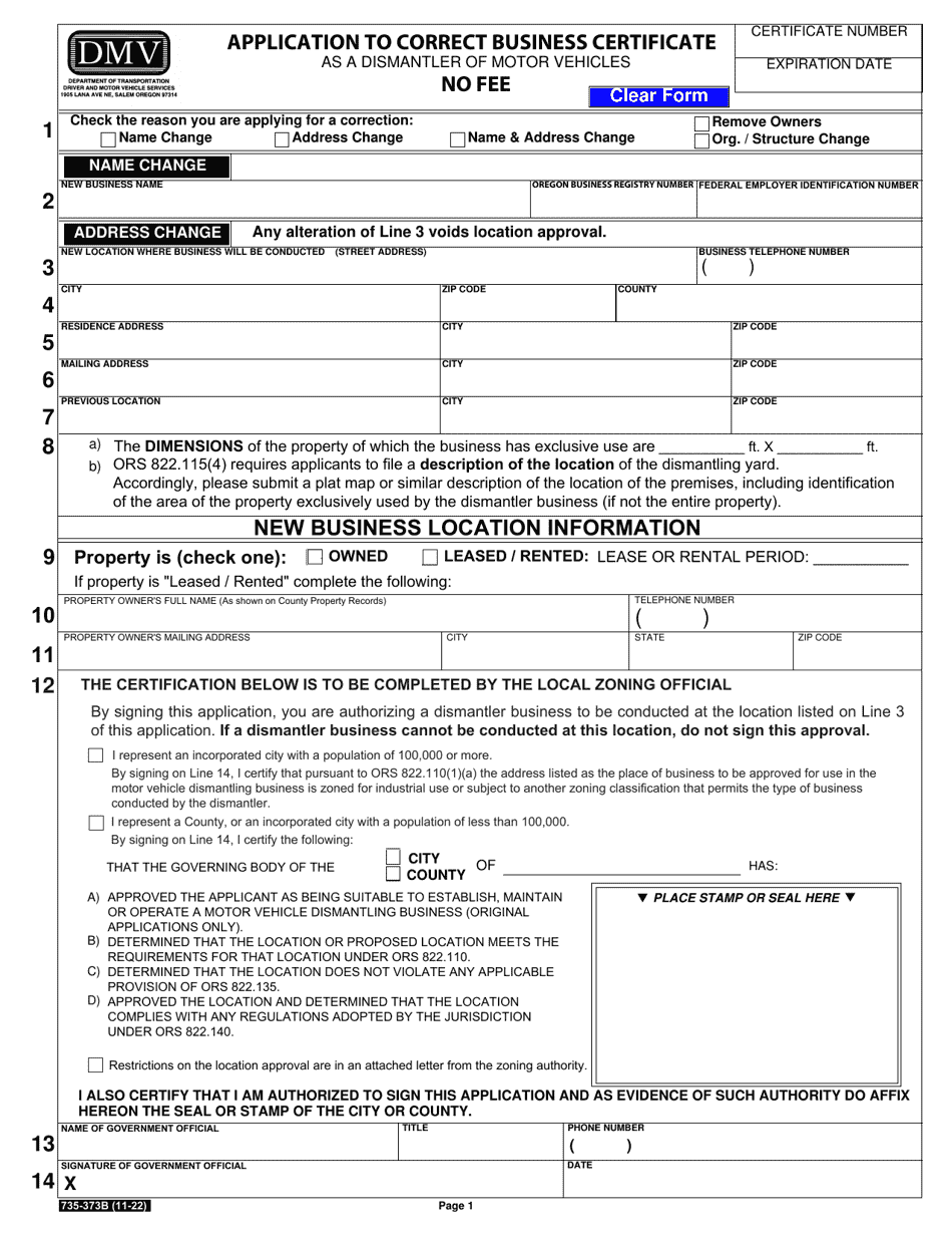 Form 735-373B Application to Correct Business Certificate as a Dismantler of Motor Vehicles - Oregon, Page 1