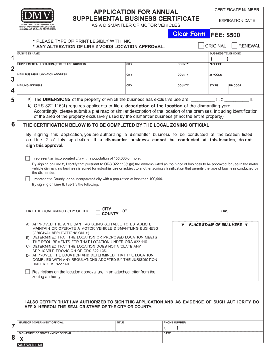 Form 735-373A Application for Annual DMV Supplemental Business Certificate as a Dismantler of Motor Vehicles - Oregon, Page 1
