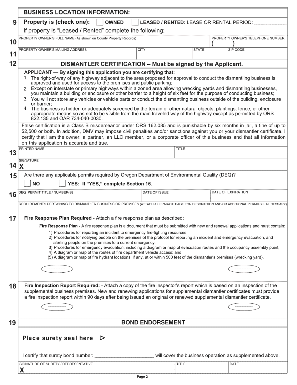 Form 735-373A Application for Annual DMV Supplemental Business Certificate as a Dismantler of Motor Vehicles - Oregon, Page 2