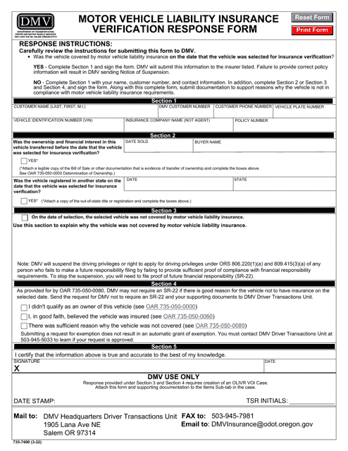 Form 735-7400 Motor Vehicle Liability Insurance Verification Response Form - Oregon