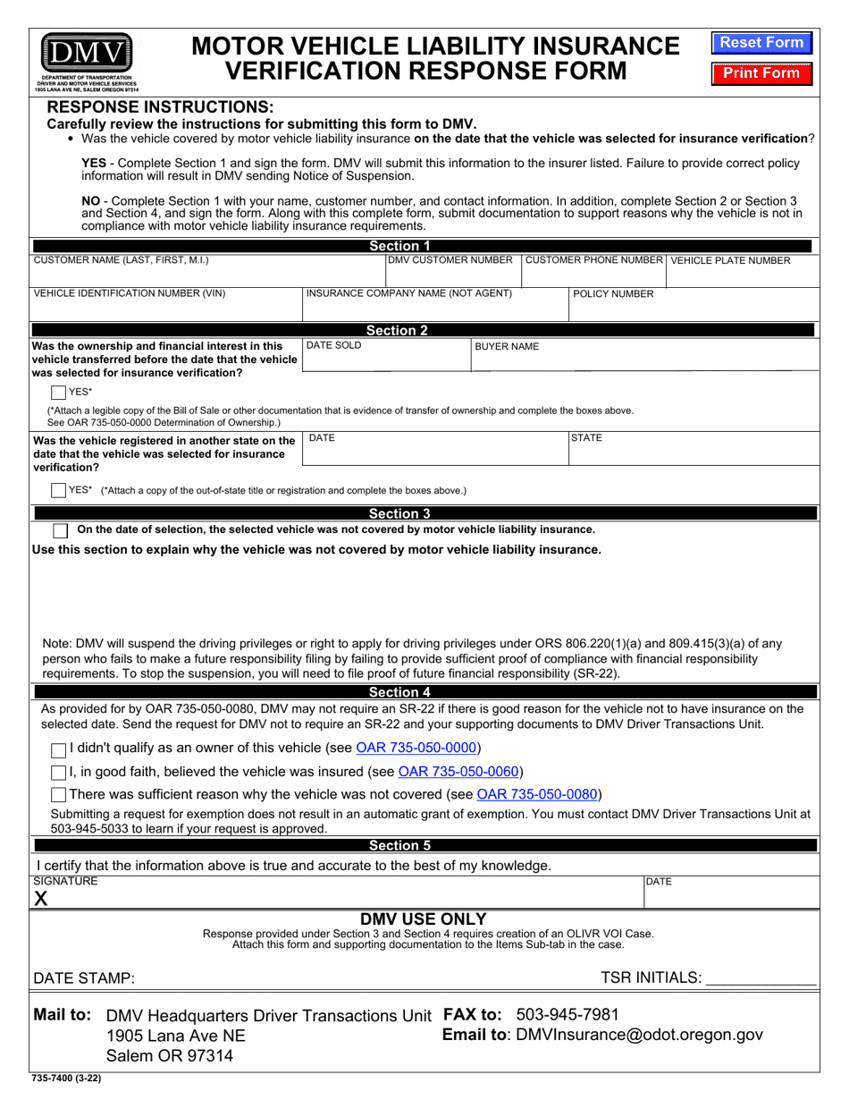 Form 735-7400 Motor Vehicle Liability Insurance Verification Response Form - Oregon, Page 1