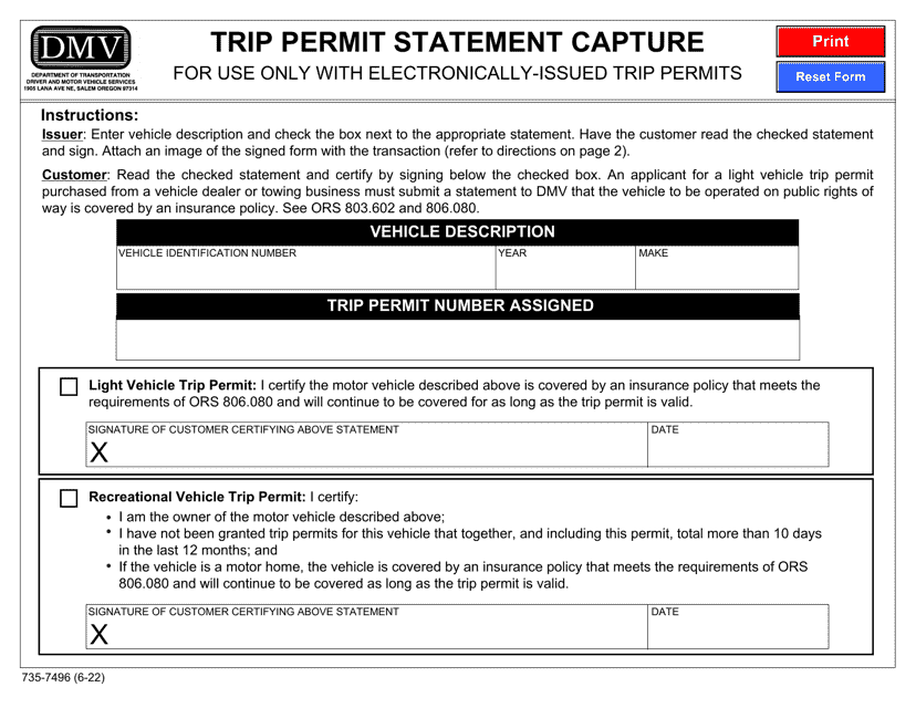 Form 735-7496 Trip Permit Statement Capture - Oregon