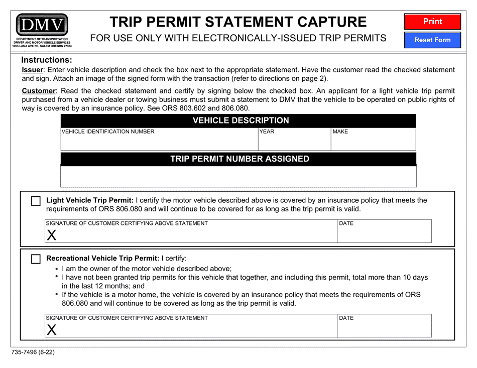 Form 735 7496 Download Fillable Pdf Or Fill Online Trip Permit Statement Capture Oregon 6117