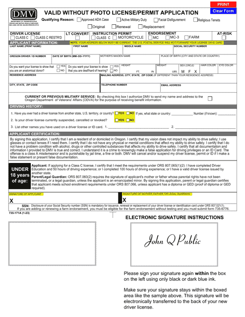 Form 735-171A Valid Without Photo License/Permit Application - Oregon