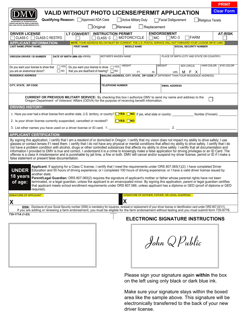Form 735-171A Valid Without Photo License / Permit Application - Oregon, Page 1