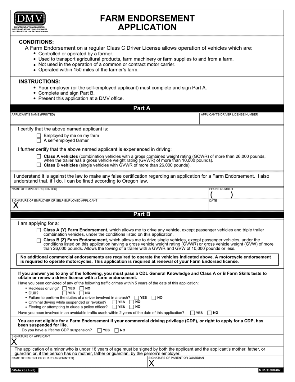 Form 735-6776 Farm Endorsement Application - Oregon, Page 1