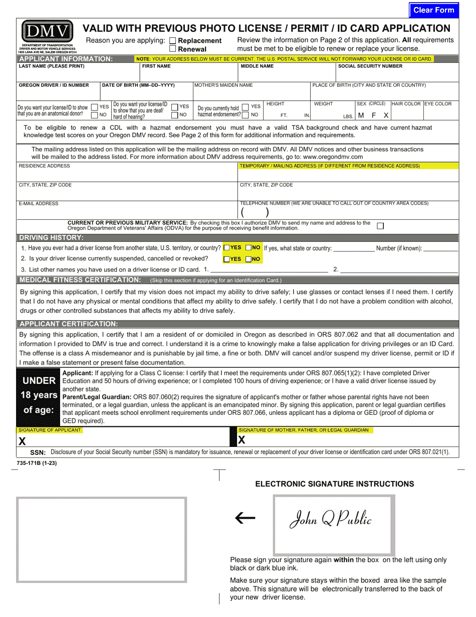 Form 735-171B Valid With Previous Photo License / Permit / Id Card Application - Oregon, Page 1