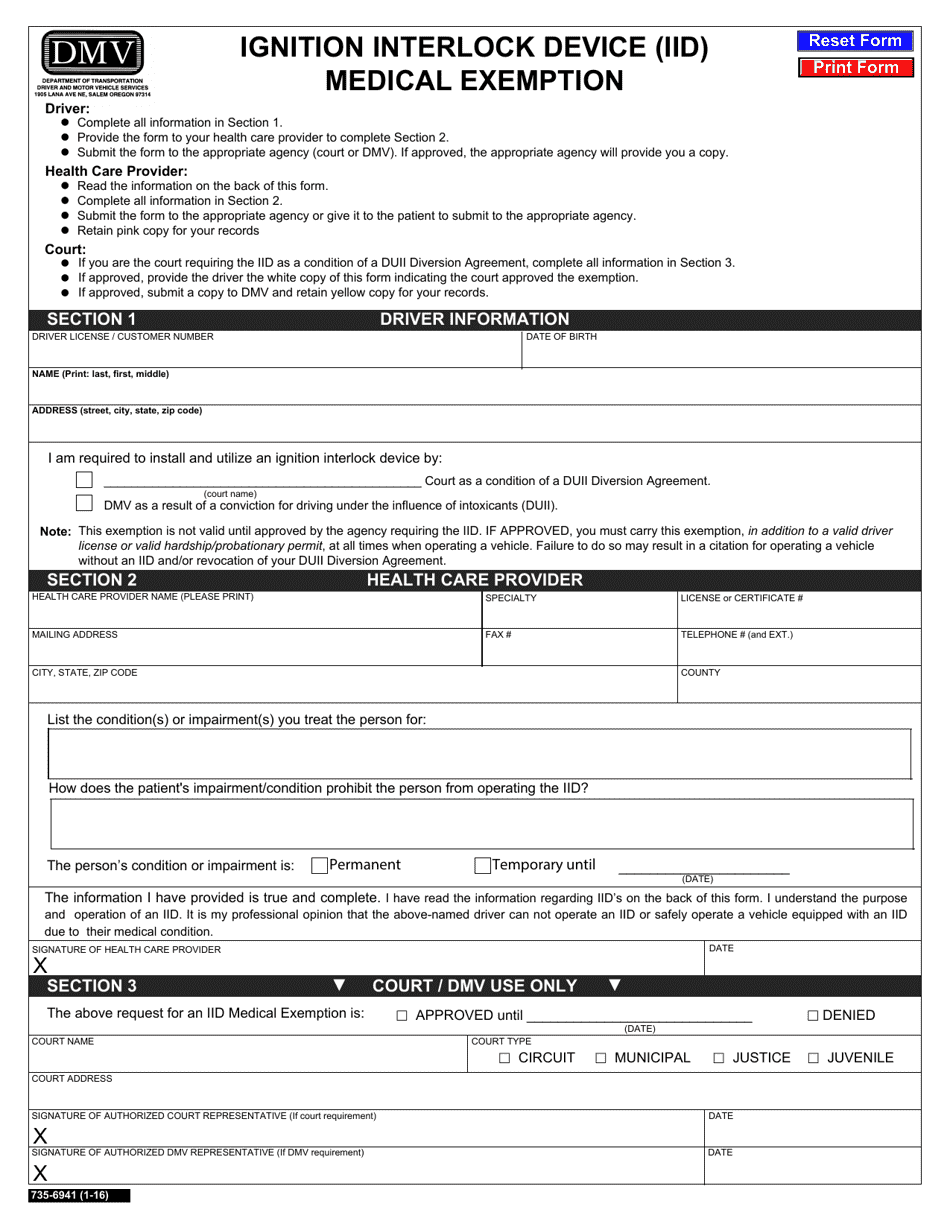 Form 735-6941 Ignition Interlock Device (Iid) Medical Exemption - Oregon, Page 1