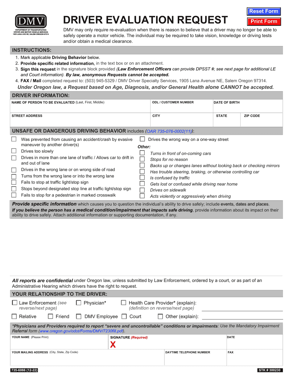 Form 735-6066 Driver Evaluation Request - Oregon, Page 1