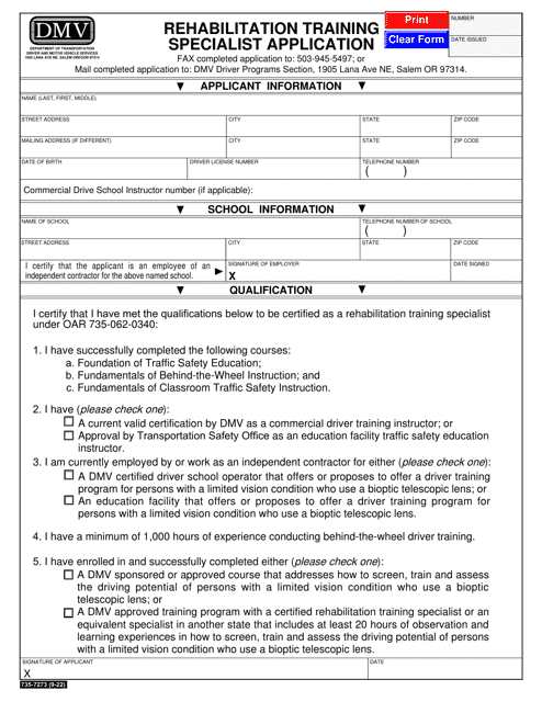 Form 735-7273 Rehabilitation Training Specialist Application - Oregon