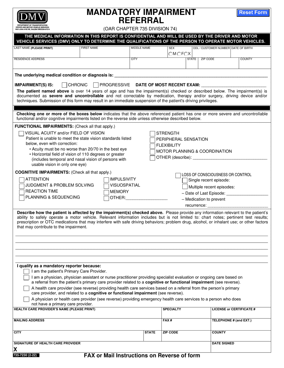 Form 735-7230 Mandatory Impairment Referral - Oregon, Page 1