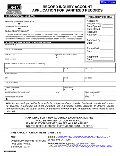 Form 735-7293 Record Inquiry Account Application for Sanitized Records - Oregon