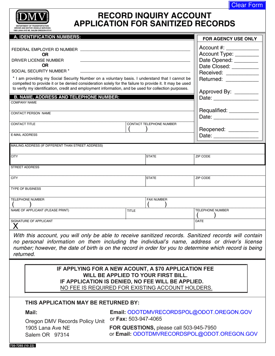 Form 735-7293 Record Inquiry Account Application for Sanitized Records - Oregon, Page 1