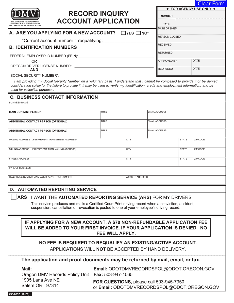 Form 735-6037 Record Inquiry Account Application - Oregon, Page 1
