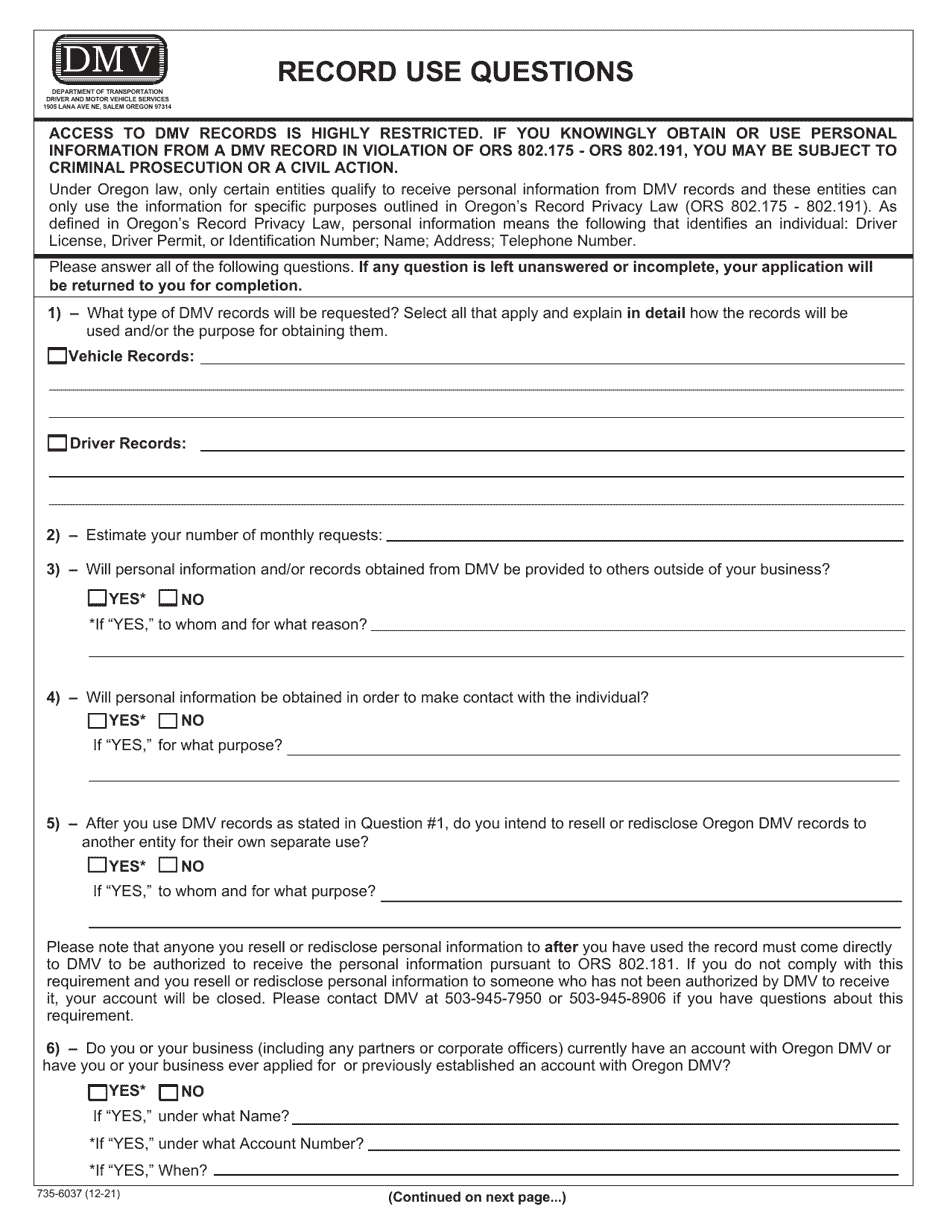 Form 735-6037 Record Inquiry Account Application - Oregon, Page 2