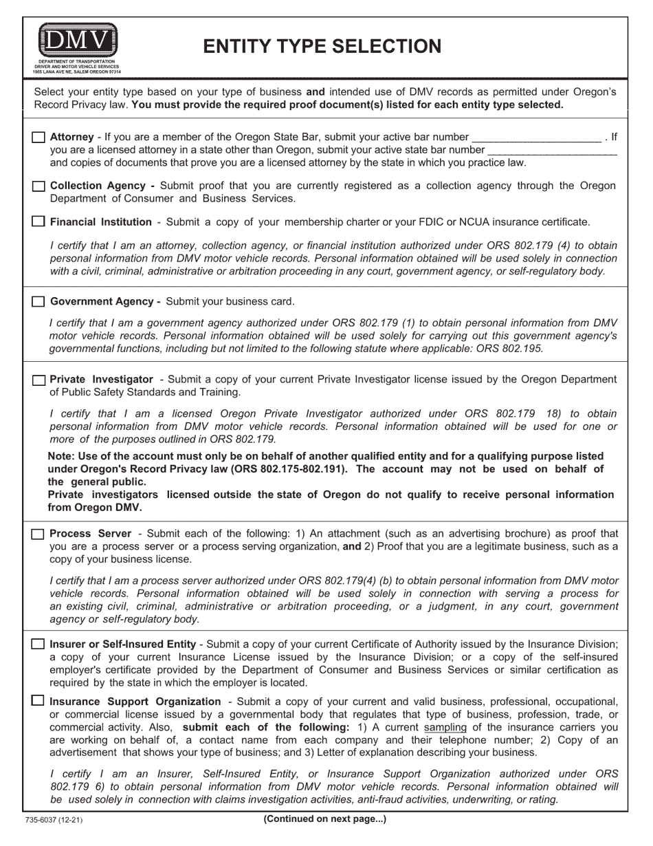 Form 735-6037 Record Inquiry Account Application - Oregon, Page 3