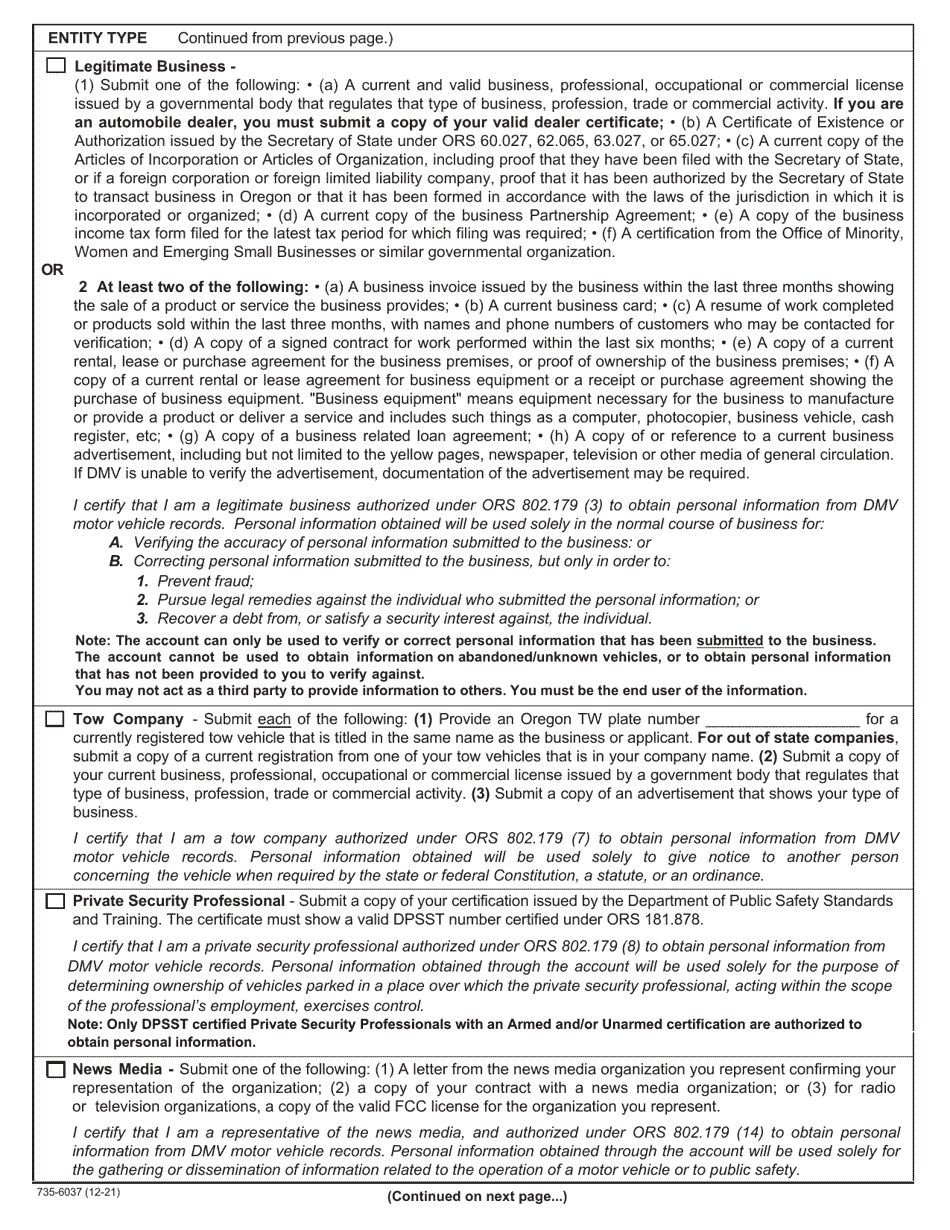 Form 735-6037 Record Inquiry Account Application - Oregon, Page 4