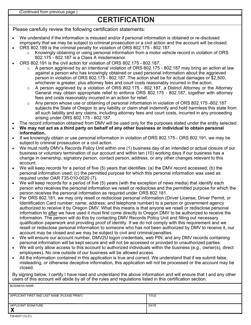 Form 735-6037 Record Inquiry Account Application - Oregon, Page 6