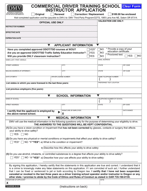Form 735-6050B Commercial Driver Training School Instructor Application - Oregon