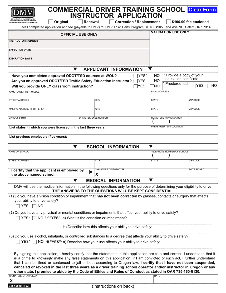 Form 735-6050B Commercial Driver Training School Instructor Application - Oregon, Page 1