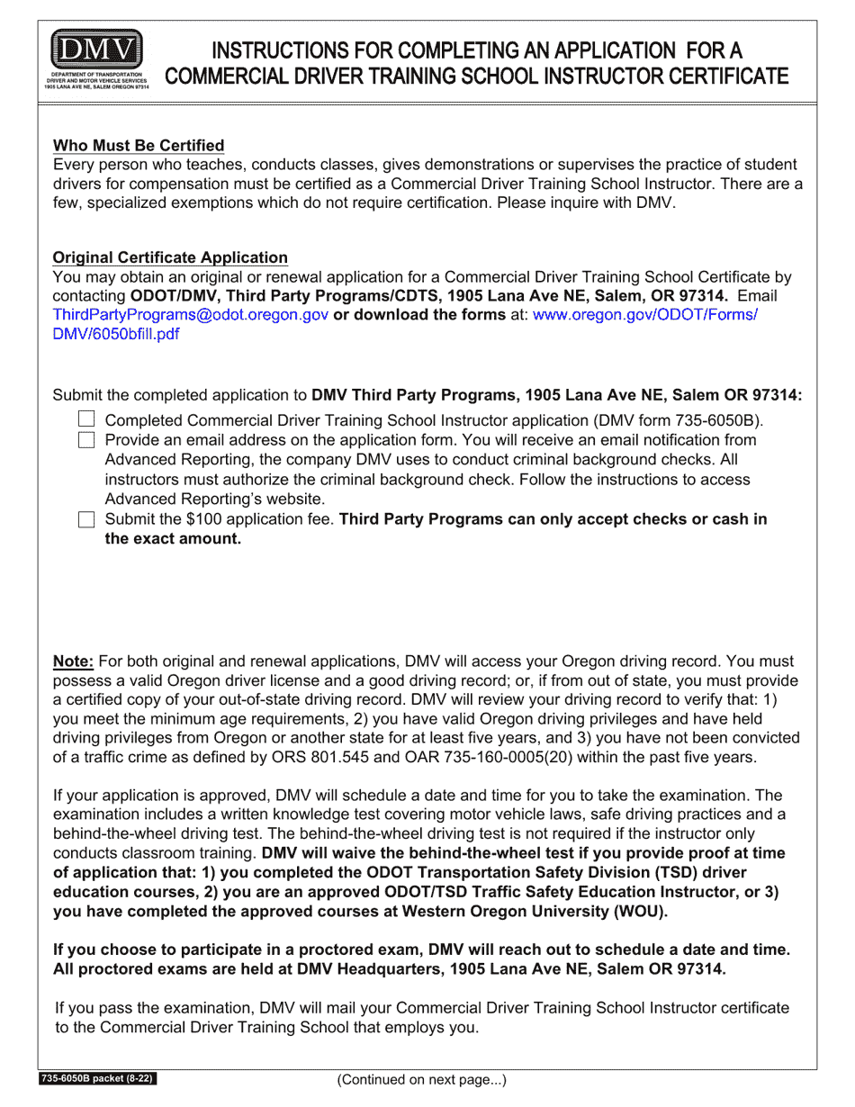 Form 735-6050B Commercial Driver Training School Instructor Application - Oregon, Page 2