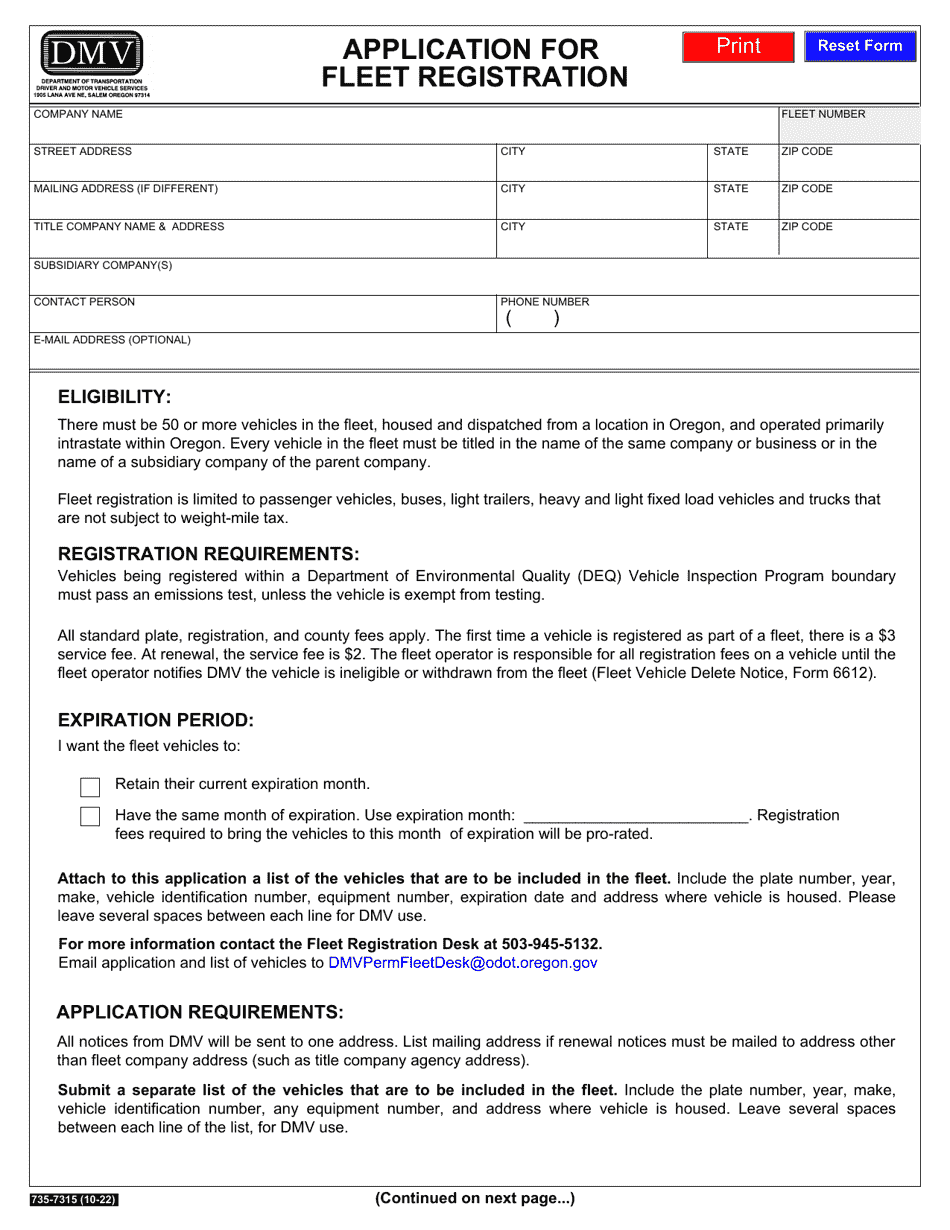 Form 735-7315 Application for fleet Registration - Oregon, Page 1