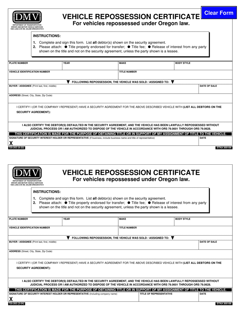 Form 735-263 Vehicle Repossession Certificate - Oregon, Page 1