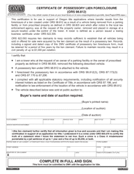 Document preview: Form 735-6605 Certificate of Possessory Lien Foreclosure (Ors 98.812) - Oregon