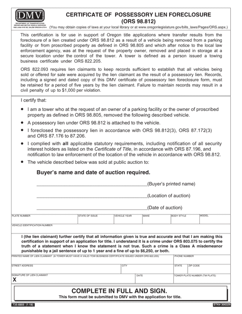 Form 735-6605 Certificate of Possessory Lien Foreclosure (Ors 98.812) - Oregon