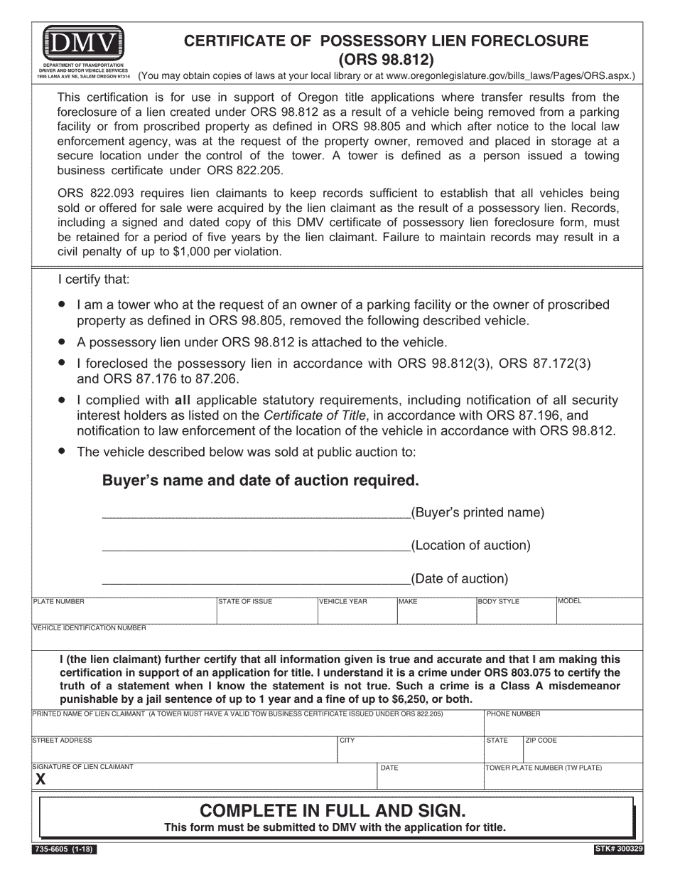Form 735-6605 Certificate of Possessory Lien Foreclosure (Ors 98.812) - Oregon, Page 1