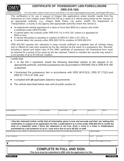 Form 735-6604 Certificate of Possessory Lien Foreclosure (Ors 819.160) - Oregon