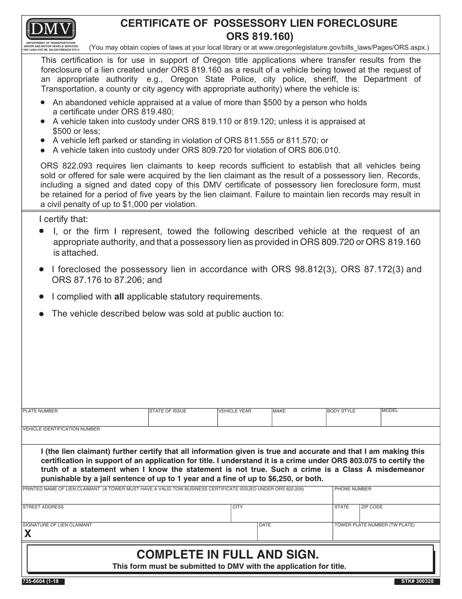 Form 735-6604 Certificate of Possessory Lien Foreclosure (Ors 819.160) - Oregon, Page 1