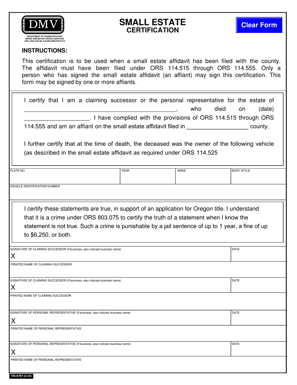 Form 735-6797 Small Estate Certification - Oregon, Page 1
