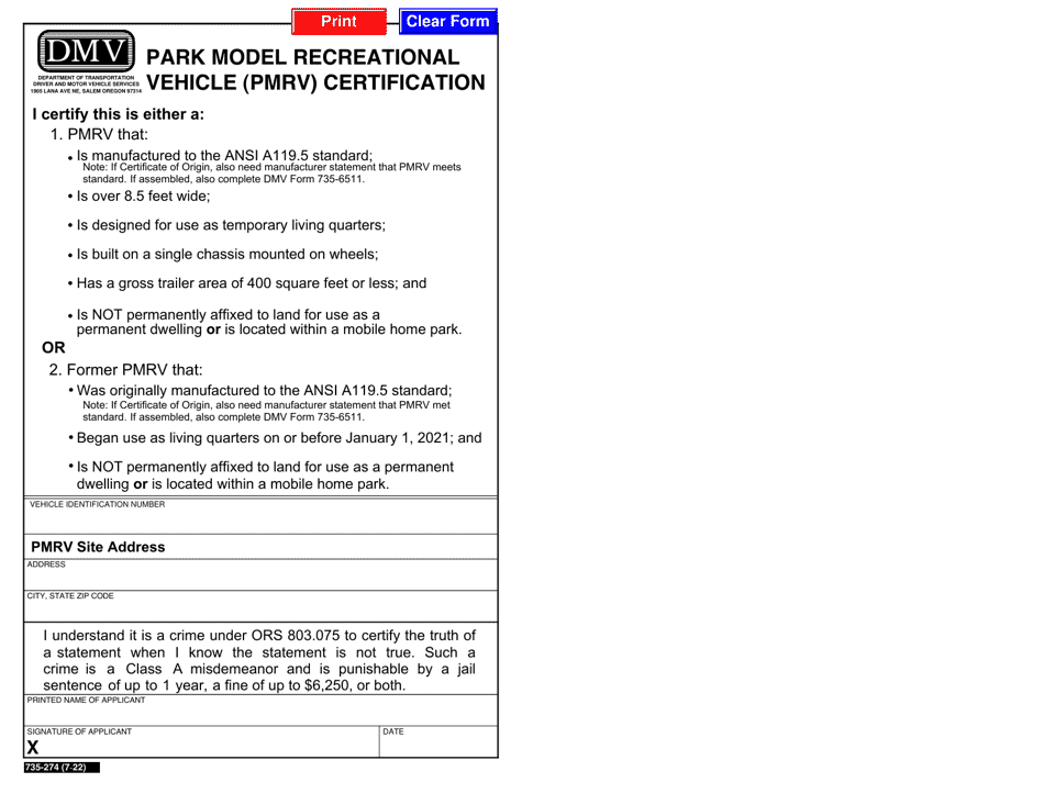Form 735-274 Park Model Recreational Vehicle (Pmrv) Certification - Oregon, Page 1