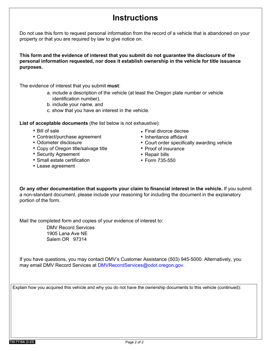 Form 735-7116A Affidavit to Establish Financial Interest in a Vehicle - Oregon, Page 2