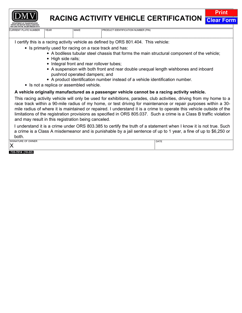 Form 735-7014 Racing Activity Vehicle Certification - Oregon, Page 1