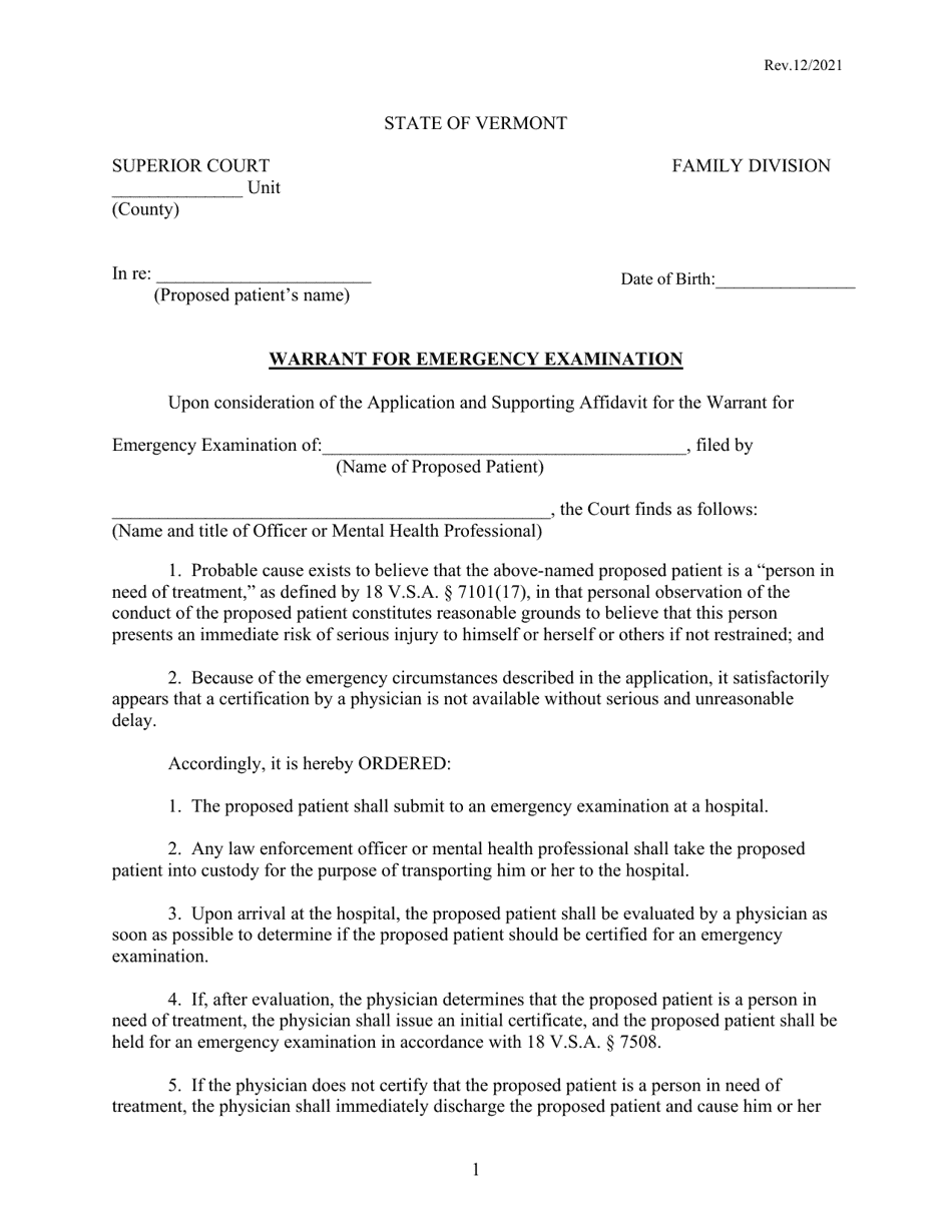 Warrant for Emergency Examination - Vermont, Page 1
