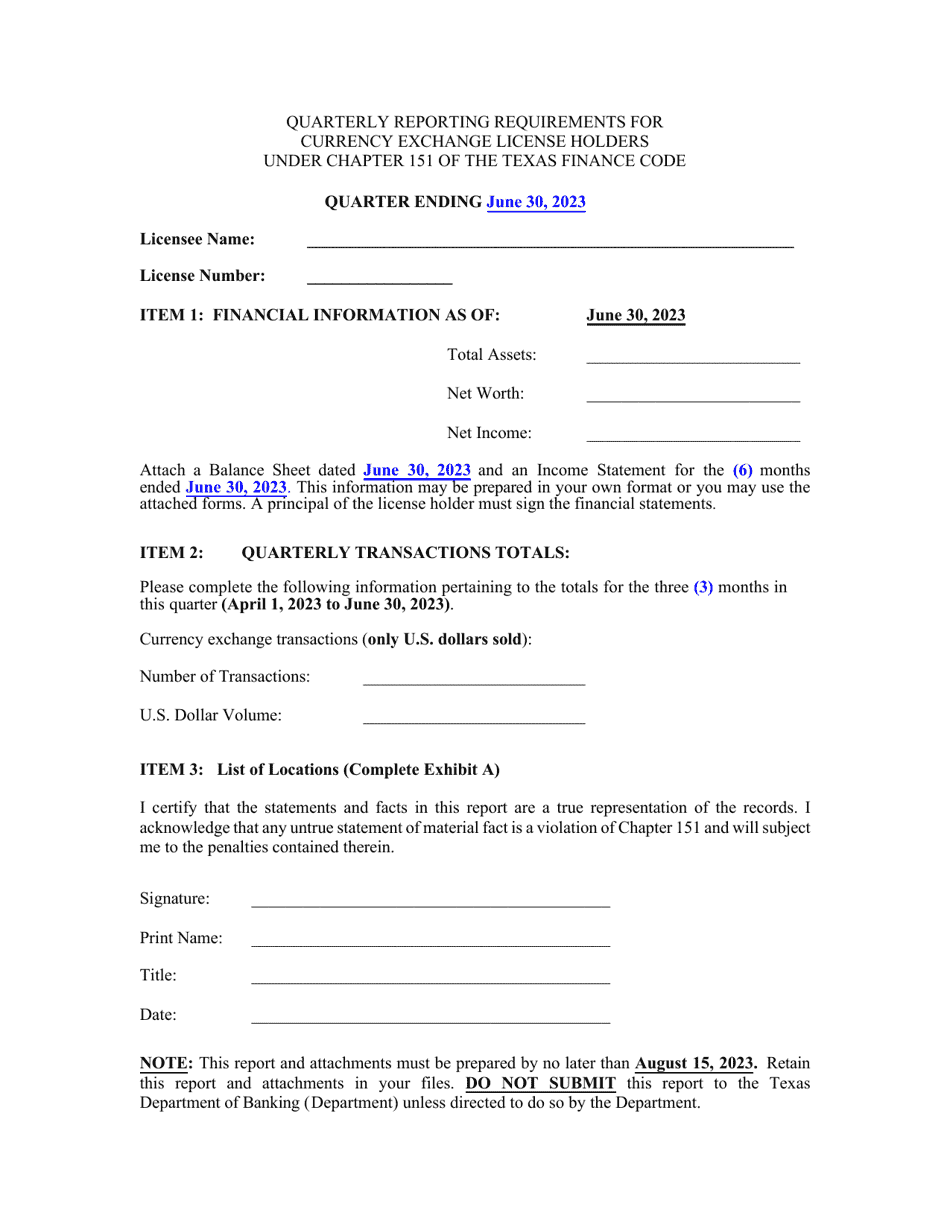 Quarterly Reporting Requirements for Currency Exchange License Holders - 2nd Quarter - Texas, Page 1