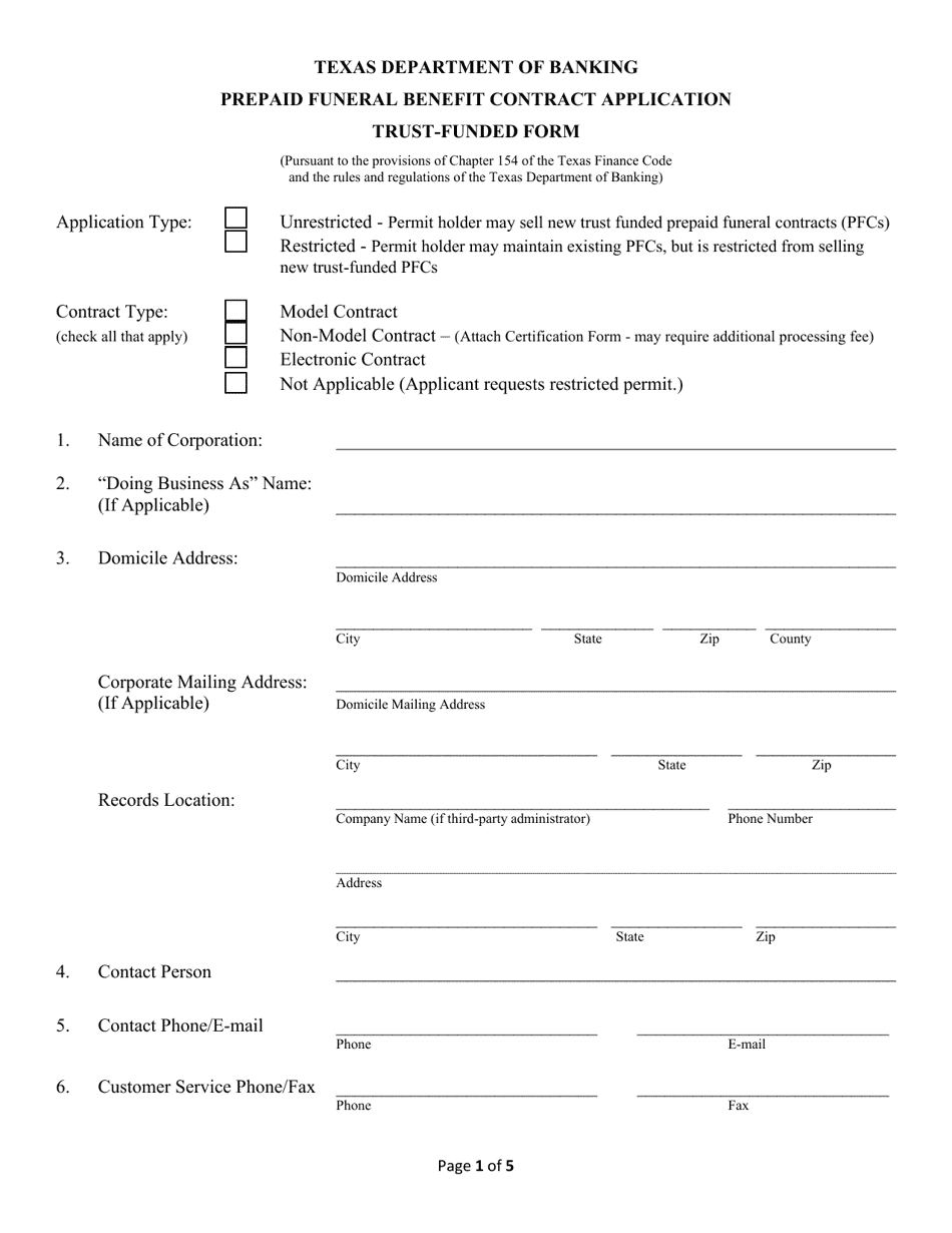 Prepraid Funeral Benefit Contract Application Trust-Funded Form - Texas, Page 1