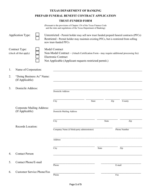Prepraid Funeral Benefit Contract Application Trust-Funded Form - Texas Download Pdf