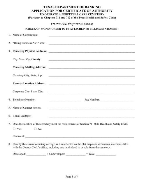 Application for Certificate of Authority to Operate a Perpetual Care Cemetery - Texas Download Pdf