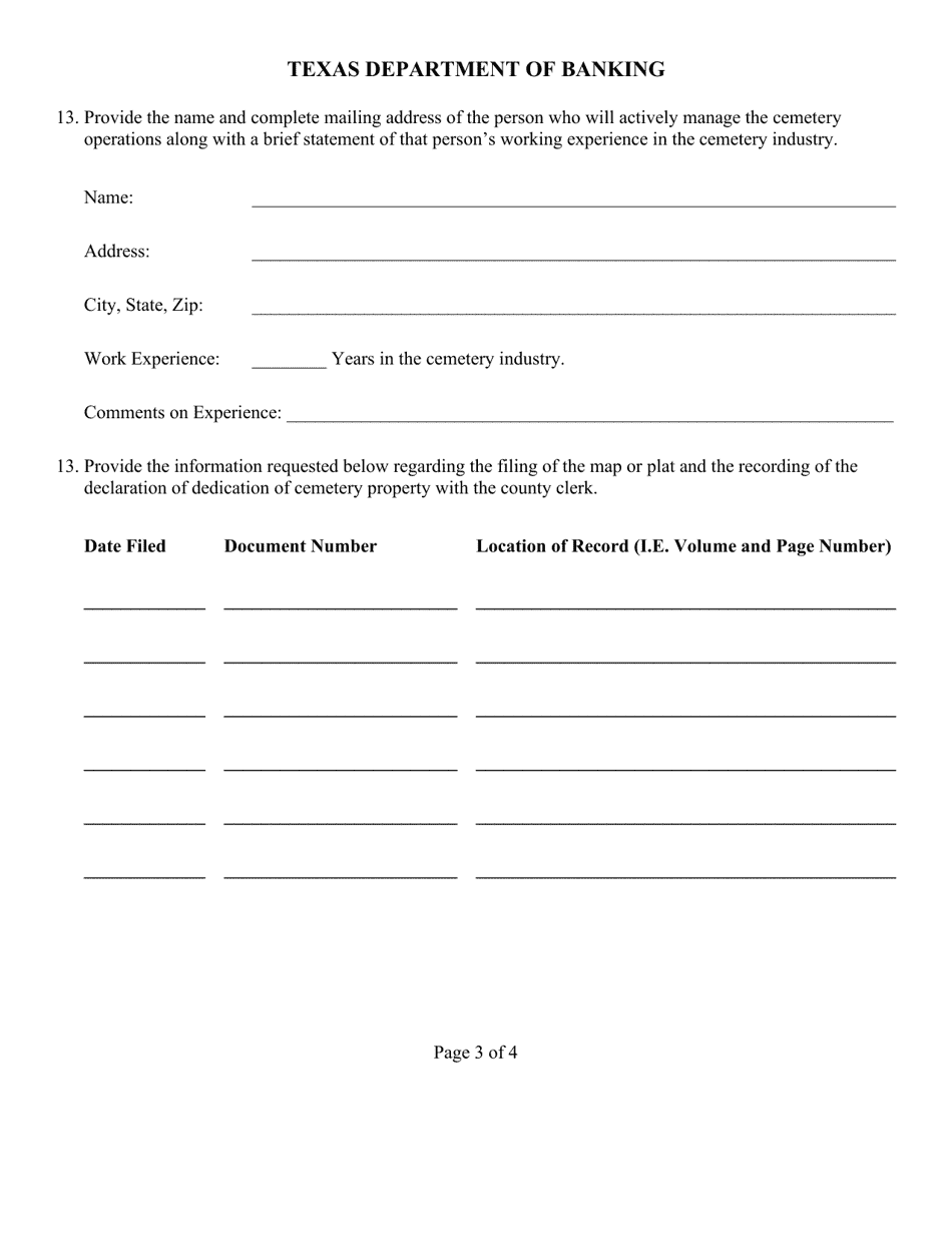 Application for Certificate of Authority to Operate a Perpetual Care Cemetery - Texas, Page 3