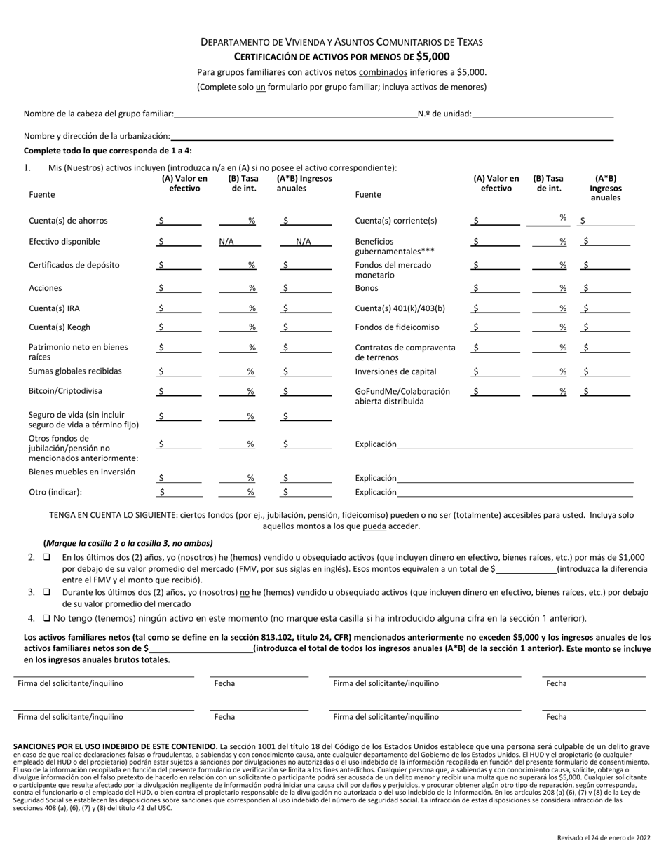 Certificacion De Activos Por Menos De $5,000 - Texas (Spanish), Page 1